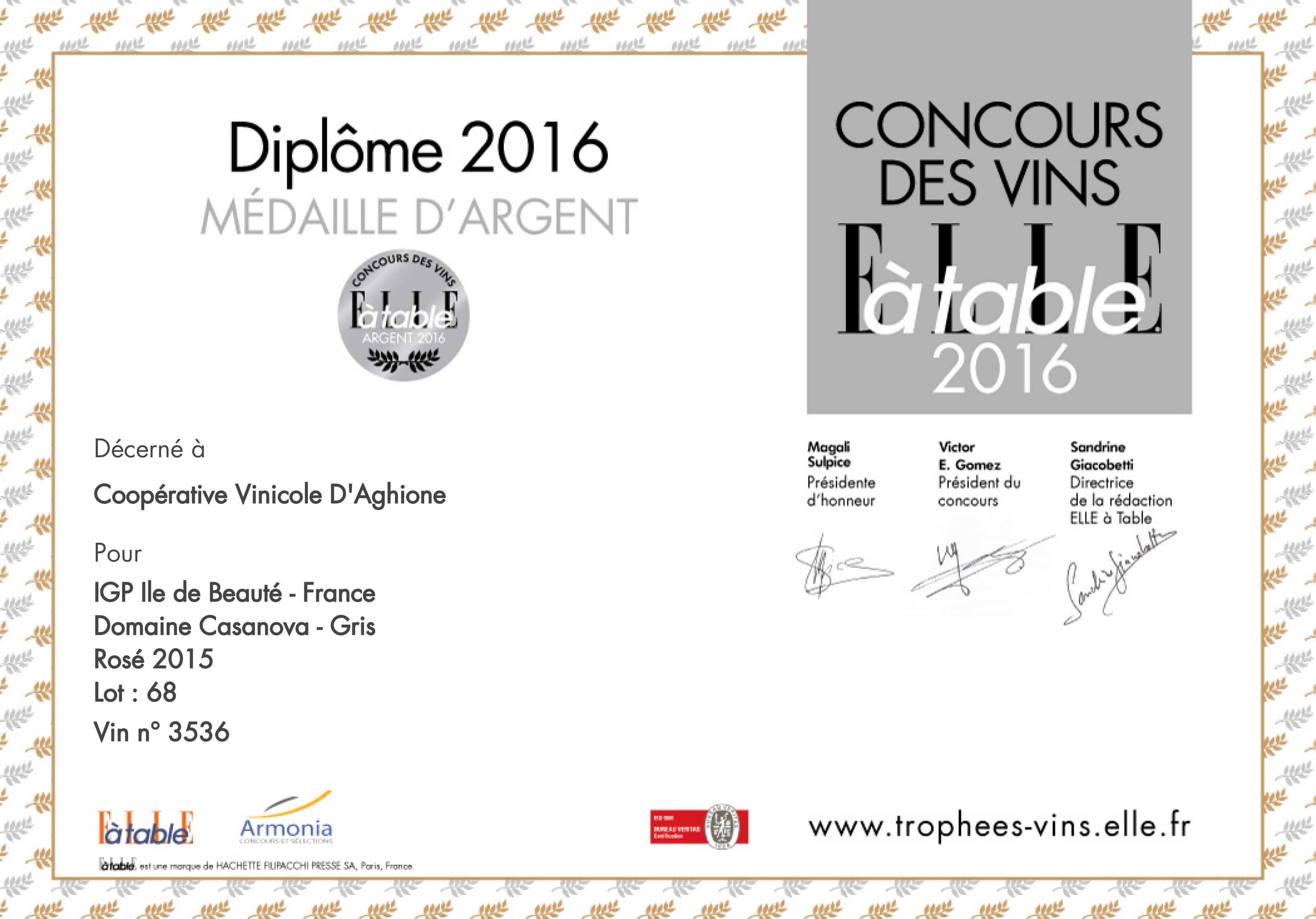 domaine casanova rosé gris médaille d'argent ELLE à Table